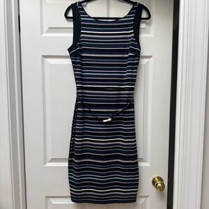 White House Black Market Striped Stretch Sheath Dress with Belt, size 10